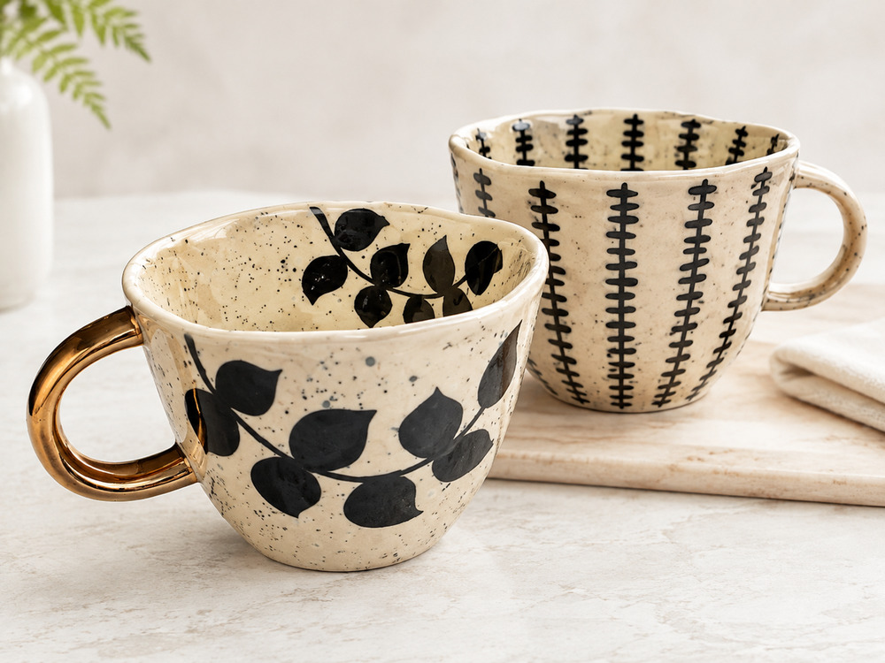 The Old Pottery Company Black White Botanical Mug Set of 2 Stoneware Coordinates